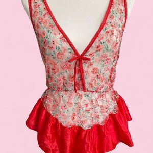 Vintage 80s Red Floral Mesh Lace V Neck Lingerie Babydoll Top